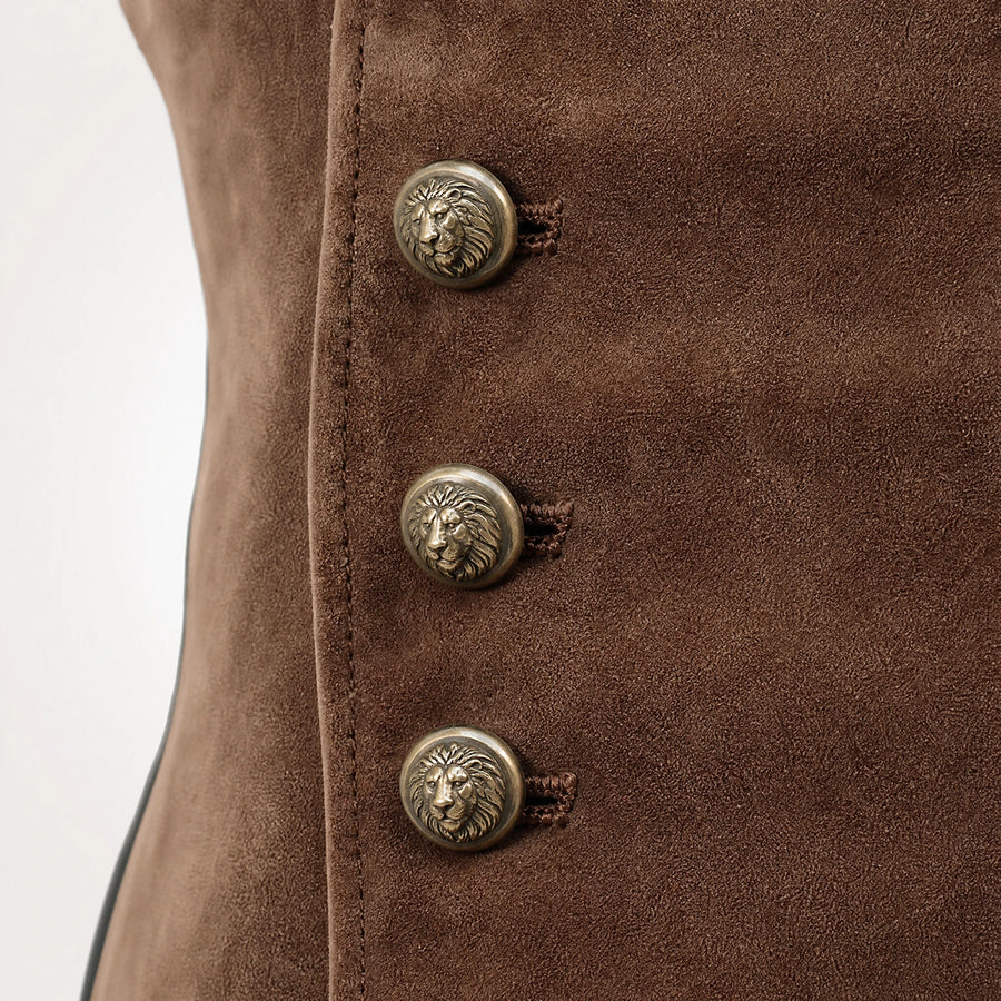 Gilet Vintage Col Montant en Daim à Double Boutonnage - close-up détail matière