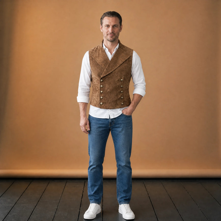 Gilet Vintage Col Montant en Daim à Double Boutonnage - VETEMENT Studio HOMME