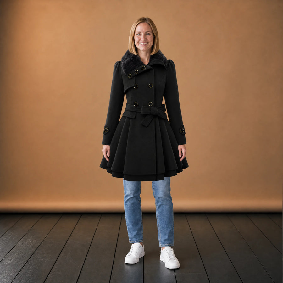 Manteau Femme Vintage Noir à Col Fourrure et Ceinture - VETEMENT Studio FEMME
