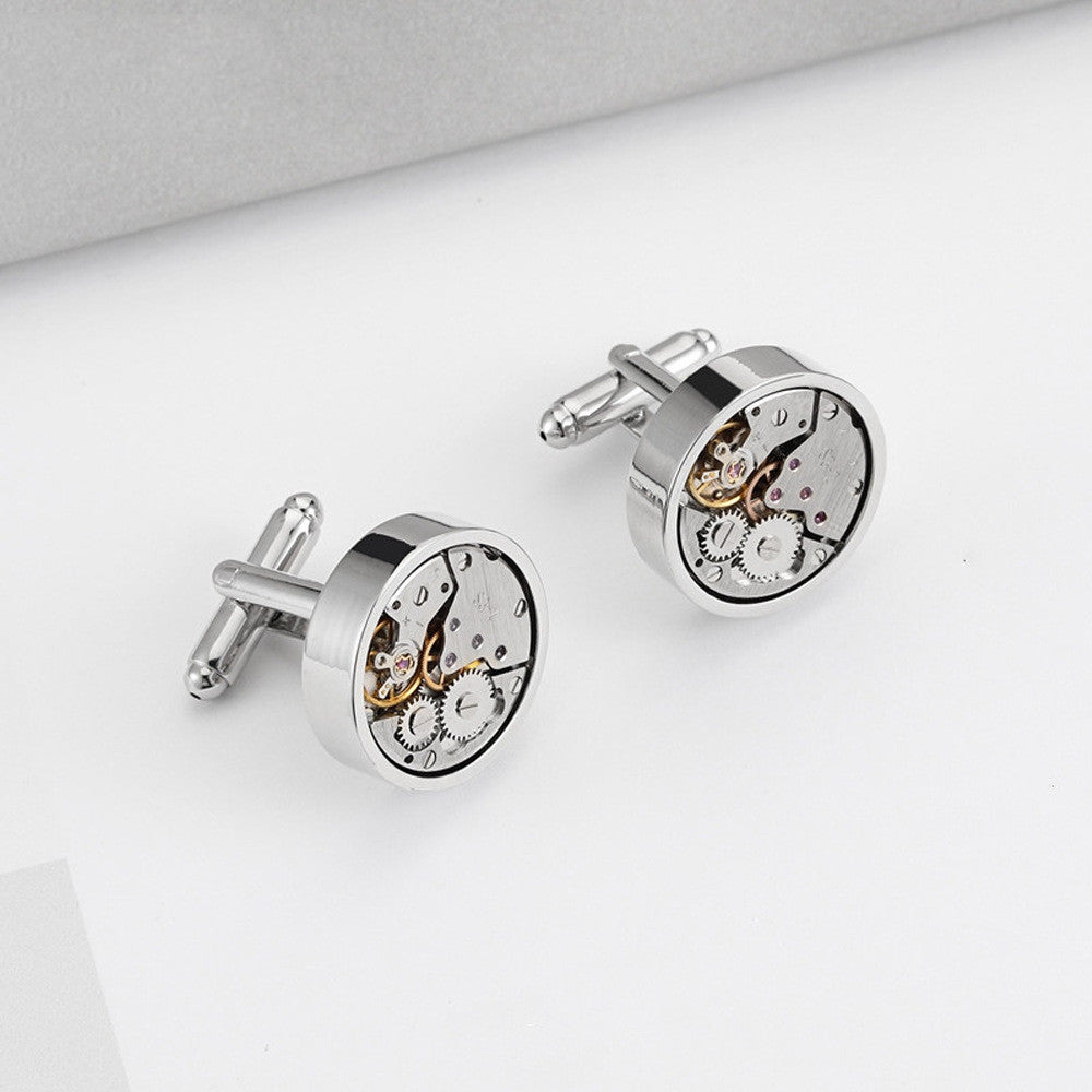 Boutons De Manchette Argentés Avec Mouvement De Montre Soviétique – Vintage Handmade