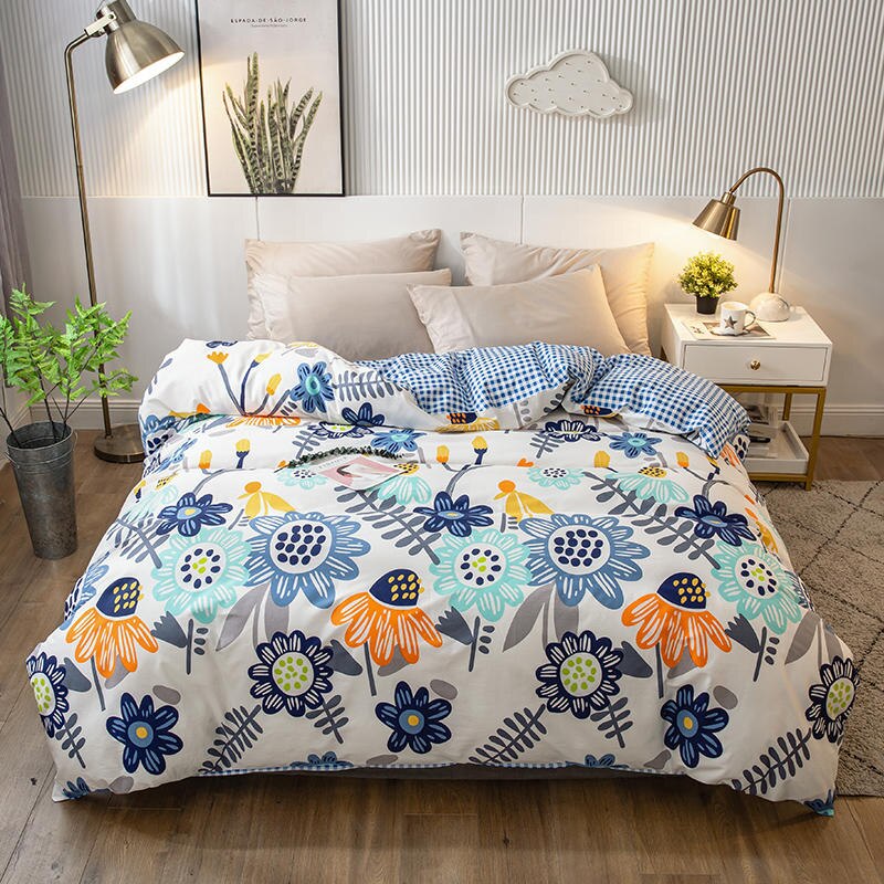 Housse De Couette Vintage Aquarelle Fleurs Bleu Réversible - Microfibre Douce 200x200 Cm Avec 2 Taies - 7
