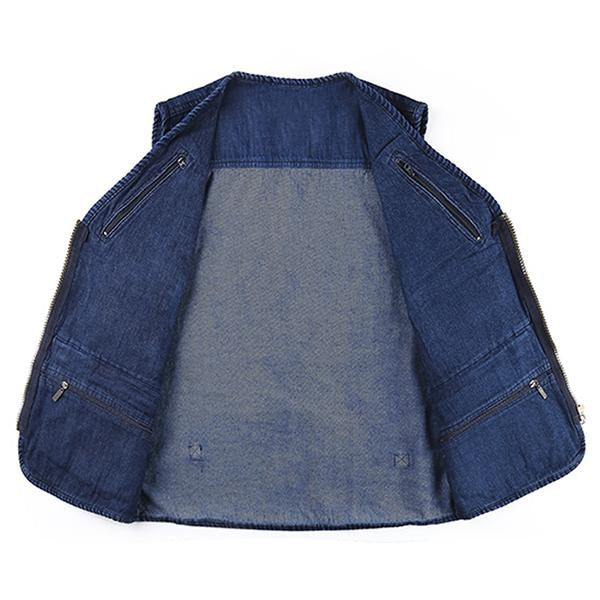 KTWOLEN Gilet en Jeans pour Homme Vintage Multi-poches Gilet de Motard Veste en Jean Sans Manches Rétro Veste Denim Gilet de Pêche Travail Chasse, Bleu foncé, M