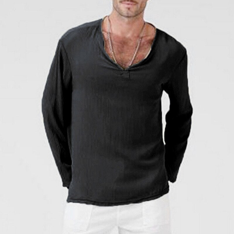Caxndycing T-Shirt Manches Longues Homme Col V Profond - Couleur Unie Coupe Ajustée