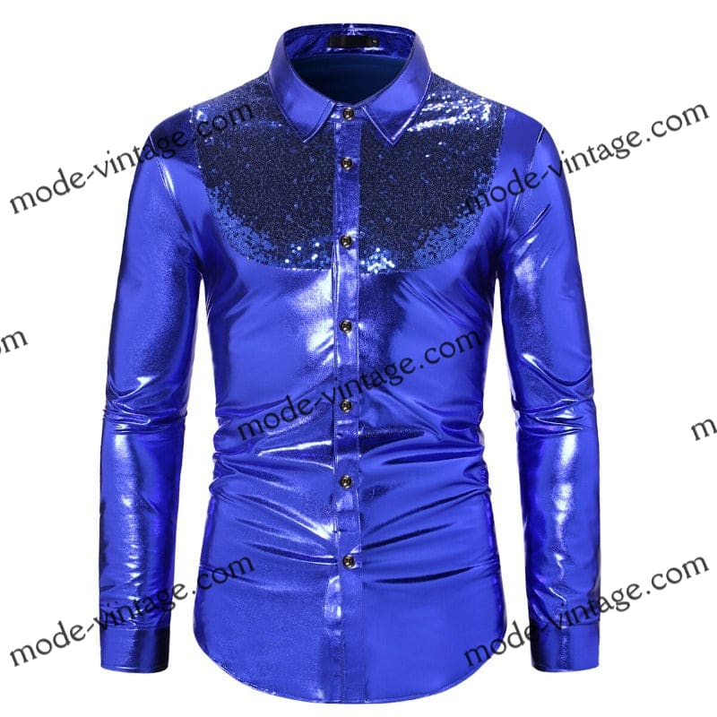 Chemise Disco Sequins Bleus Homme – Costume Années 70/80, Chemise à Paillettes Bleue Taille L
