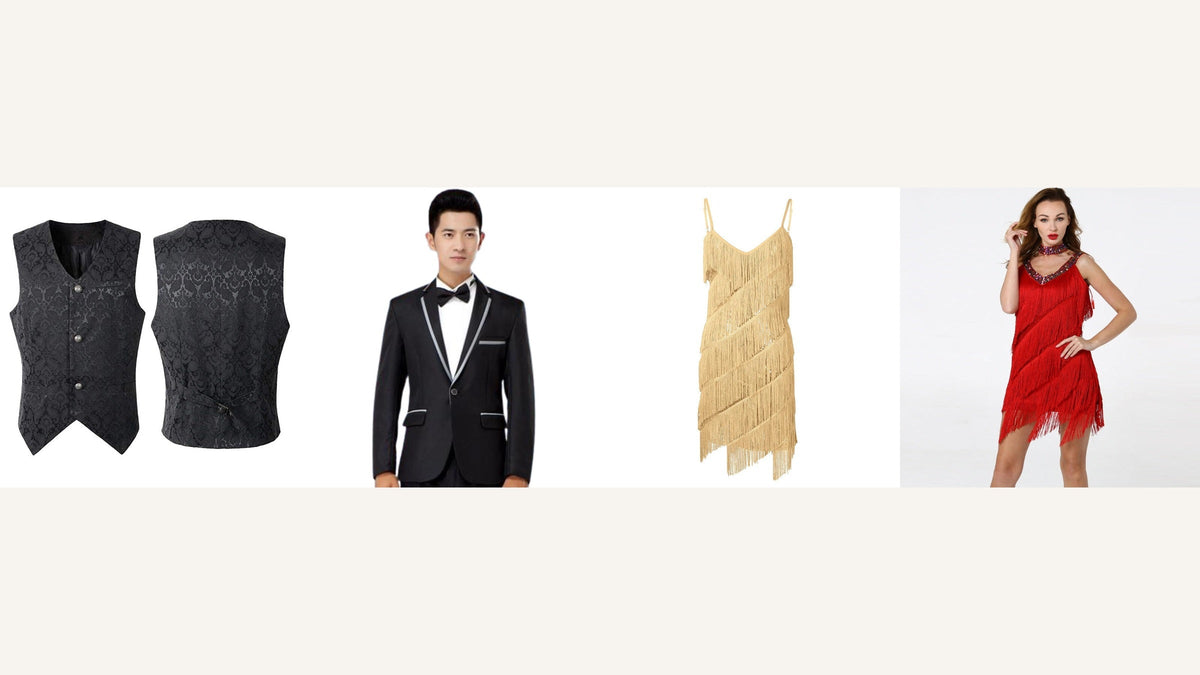Fred Astaire et Ginger Rogers : smoking noir, gilet ajusté et robes à franges pour composer un duo rétro chic