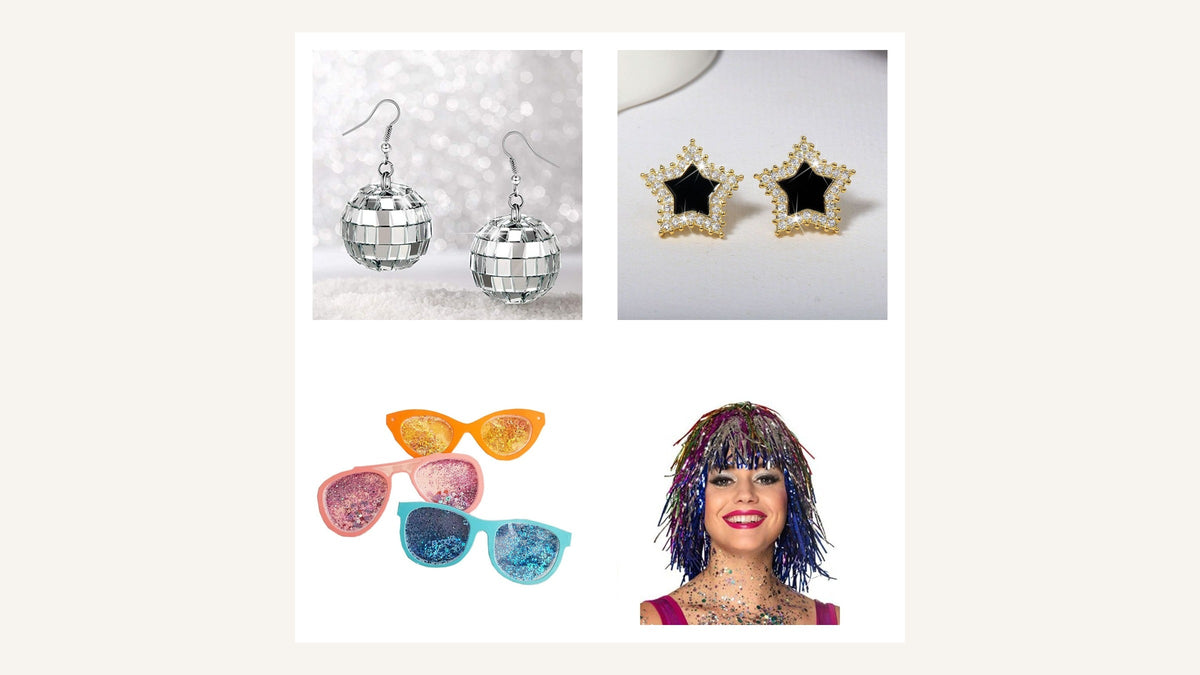 Maquillage disco bleu et doré avec accessoires brillants des années 70