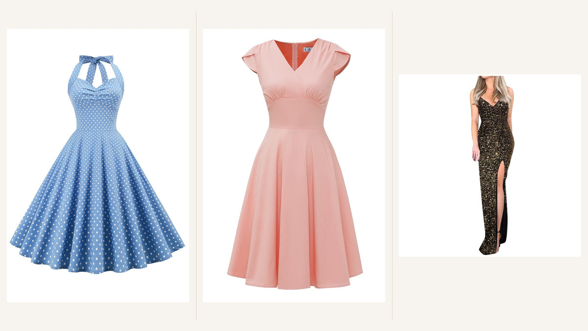 Trois robes rétro bleue à pois, rose évasée et noire dorée pour adapter les proportions et le glamour de Marilyn Monroe
