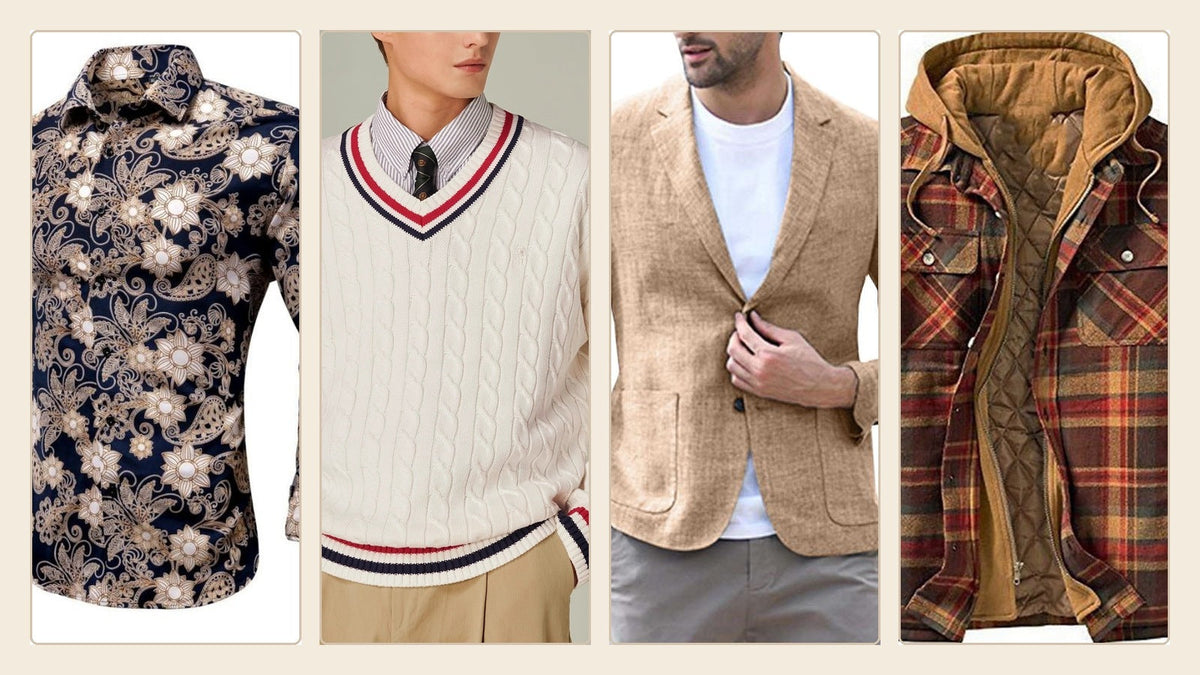 Chemise à motif, pull en V, blazer beige et veste à carreaux pour illustrer la mode homme des années 60