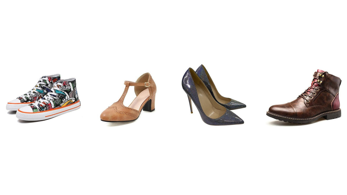 Quatre chaussures d'inspiration années 80 alignées : basket montante imprimée, escarpin T-strap en cuir camel, escarpin à talon aiguille pailleté et bottine marron à lacets Image