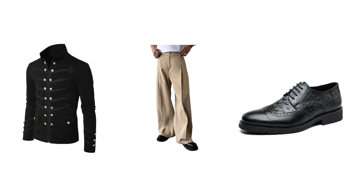 Veste structurée, pantalon ample et chaussure noire pour illustrer les contrastes de la tenue de Charlie Chaplin Image