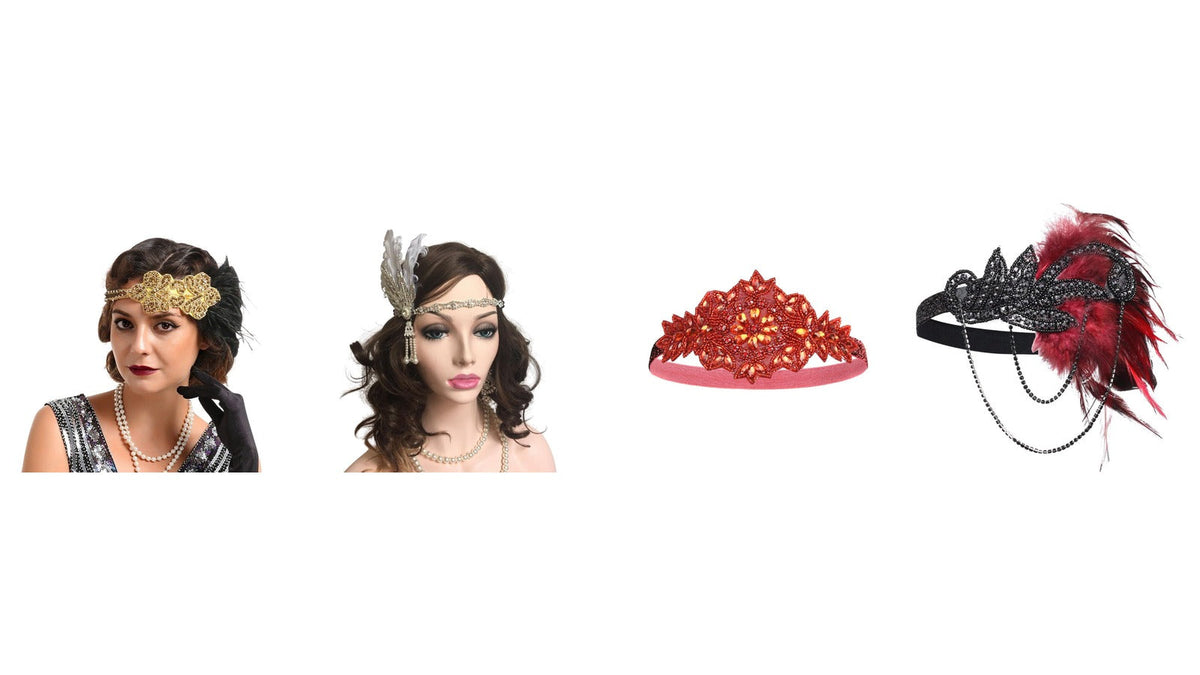 Quatre bandeaux charleston pour accompagner une robe longue : doré à plume noire, argenté à perles, rouge à strass et noir à plume bordeaux Image