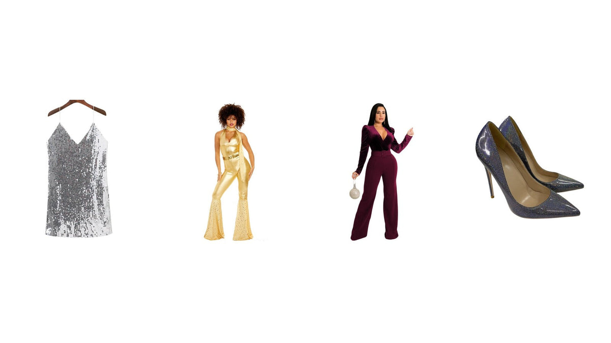 Quatre pièces d'une tenue disco femme sur fond blanc : ensemble doré à pattes d'éph, robe courte à sequins argentés, combinaison en velours bordeaux et escarpins pailletés