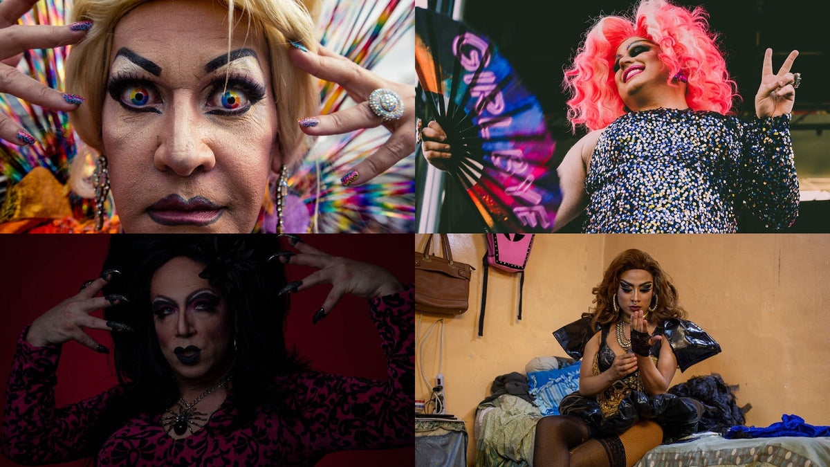 Quatre artistes drag : maquillage graphique en gros plan, perruques rose et brune, tenue à sequins et gestes de scène Image