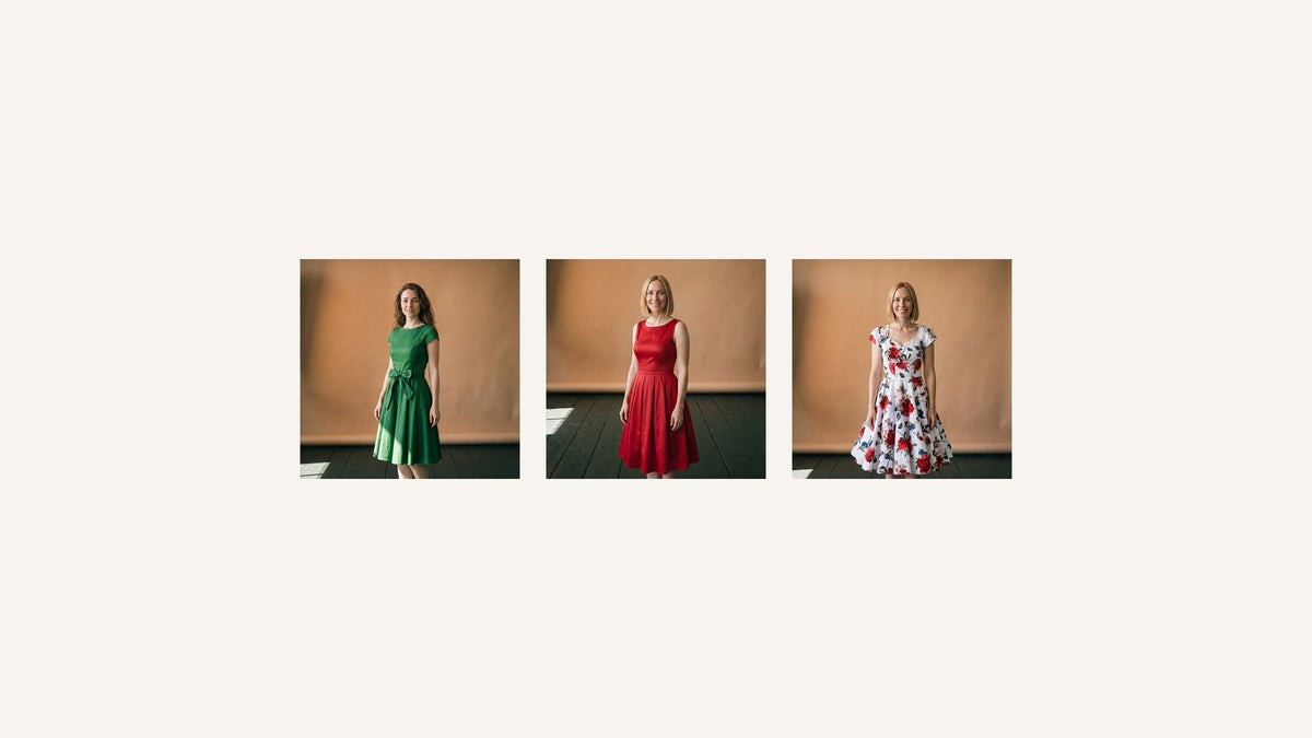 Trois robes d’inspiration années 50, verte, rouge et fleurie, présentées en studio Image