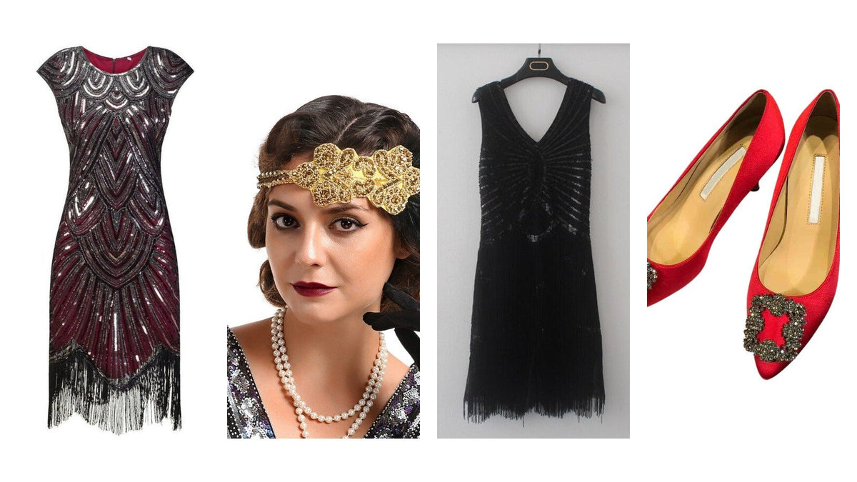 Quatre pièces d'une tenue Gatsby sur fond blanc : robe rouge à sequins Art déco, bandeau doré à plume porté, robe noire à franges et paillettes, escarpin rouge à boucle strass Image