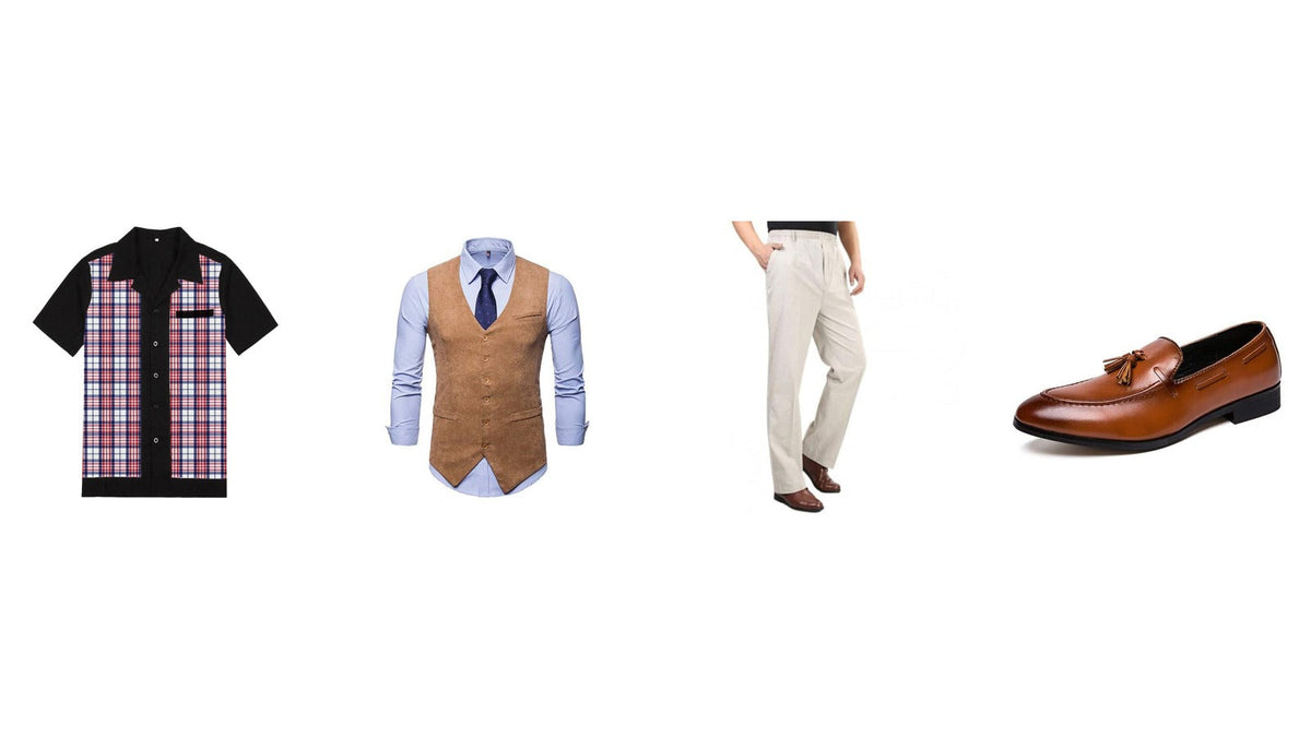 Quatre pièces du vestiaire masculin des années 50 : chemise de bowling à panneau écossais, gilet de costume camel, pantalon à pinces écru, mocassin en cuir fauve Image