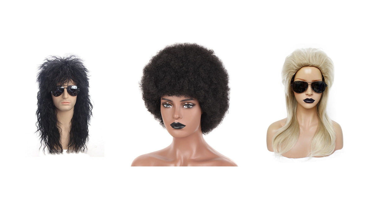 Trois volumes de coiffure années 80 sur fond blanc : crinière noire crantée, afro rond brun, chevelure blonde à racines soulevées Image