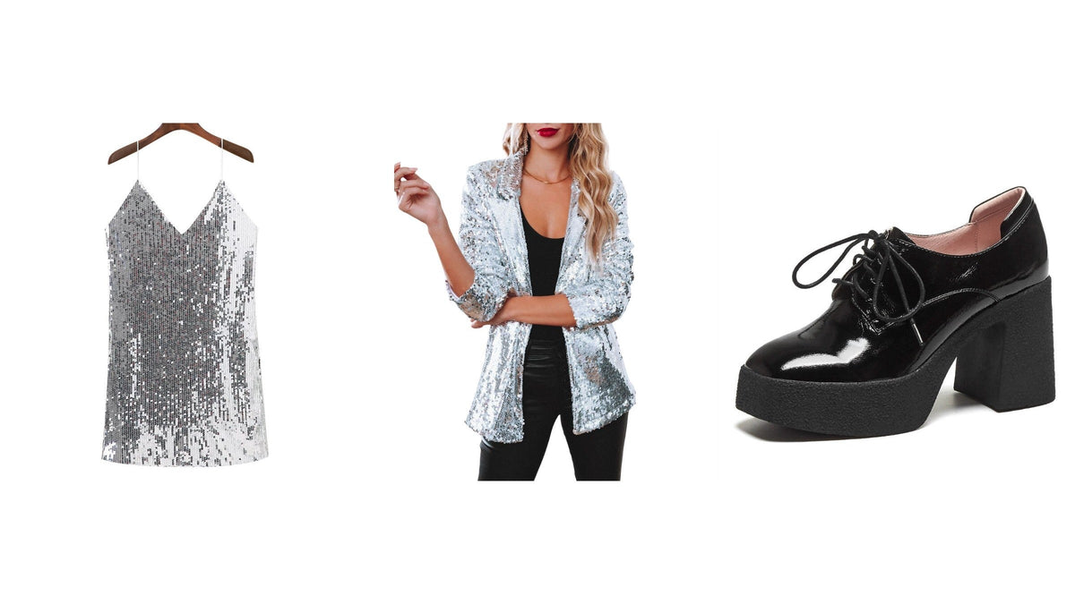 Trois pièces d’une tenue disco sur fond blanc : robe courte à sequins argentés, veste blazer à sequins argentés portée ouverte, chaussure à plateforme noire vernie Image