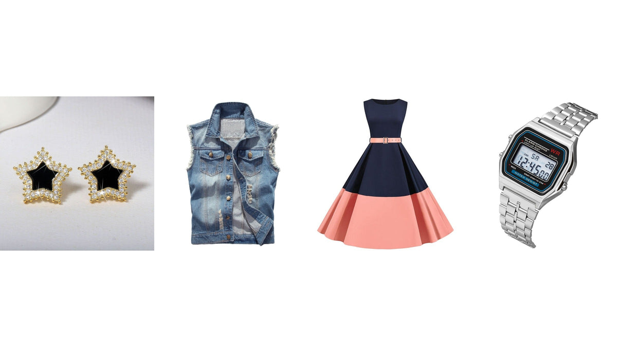 Look année 80 chic composé autour d’une veste en jean sans manches, d’une robe bicolore, de boucles d’oreilles étoilées et d’une montre numérique Image