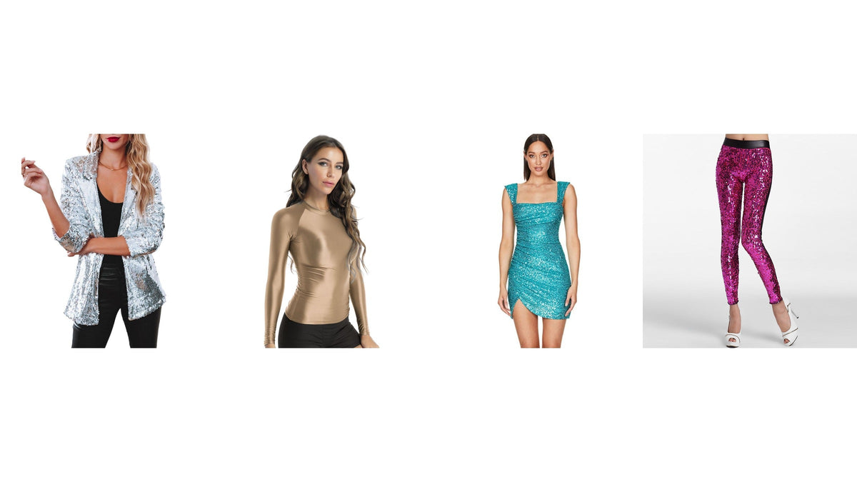 Quatre pièces lumineuses pour un look disco : veste argentée, haut doré, robe turquoise et pantalon rose à paillettes