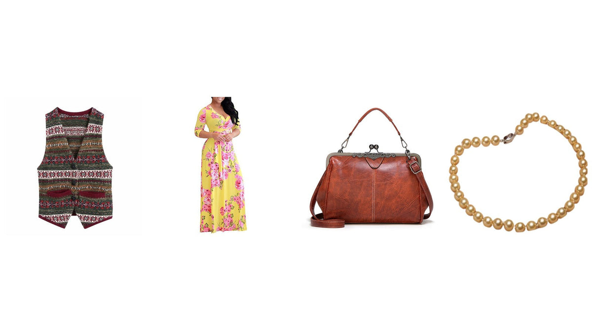 Quatre pièces d'un déguisement de mamie sur fond blanc : robe longue à fleurs, gilet sans manche tricoté, collier de perles dorées et sac à main en cuir à fermoir