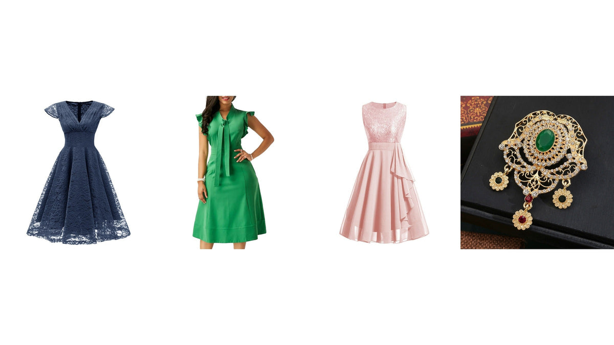 Trois robes de cérémonie bleue, verte et rose avec une broche ornée, pour composer une tenue de mariage à 60 ans Image