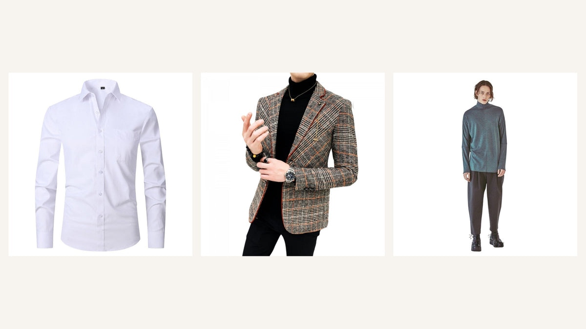Chemise blanche, blazer à carreaux et pantalon sombre pour composer une tenue de mariage séparée