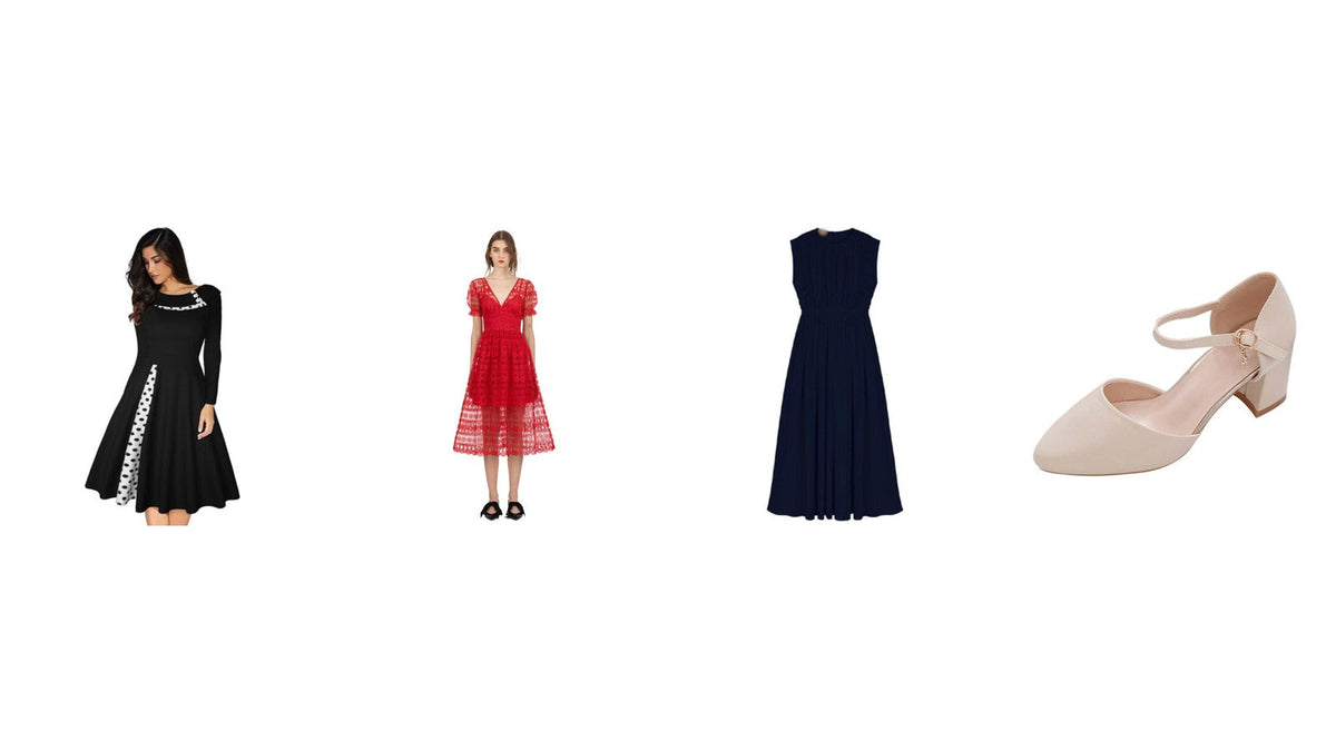 Trois robes de cérémonie et une chaussure à talon bas : robe noire à manches longues, robe midi en dentelle rouge, robe longue bleu marine, escarpin beige à bride