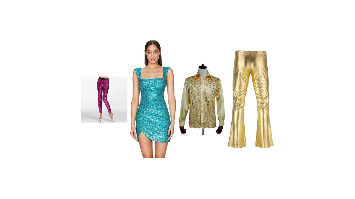Tenue party disco femme et homme : robe turquoise, pantalon rose, chemise dorée et pantalon doré