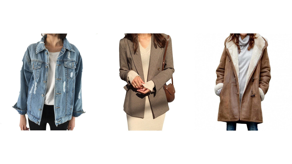Trois vestes d’inspiration rétro pour femme : jean délavé, blazer à carreaux et veste longue brune Image