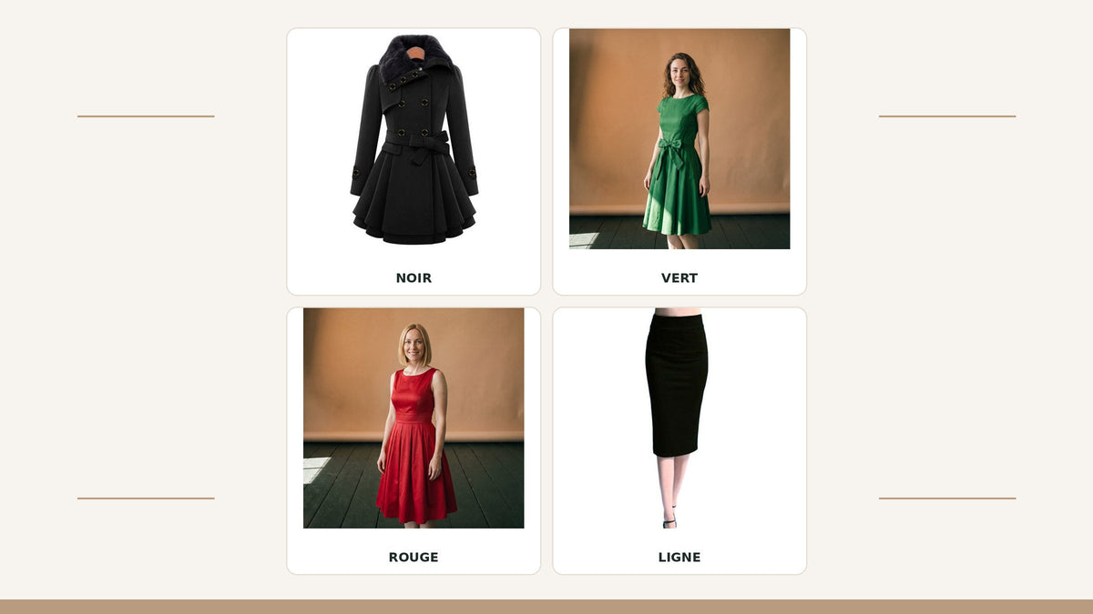 Quatre lignes graphiques inspirées du cinéma d’Alfred Hitchcock : manteau noir, robes verte et rouge, jupe crayon noire