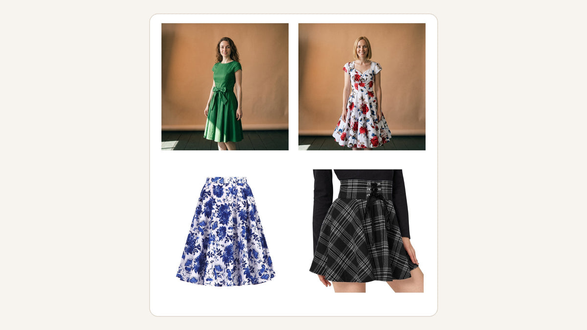 Quatre pièces du catalogue pour traduire le style de Rita Hayworth : deux robes et deux jupes à taille marquée