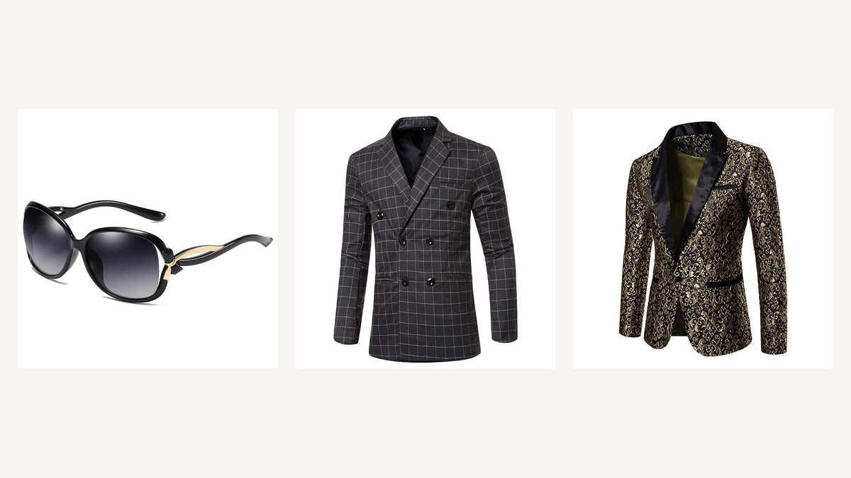 Lunettes noires, veste croisée à carreaux et blazer noir doré pour une tenue de scène rétro