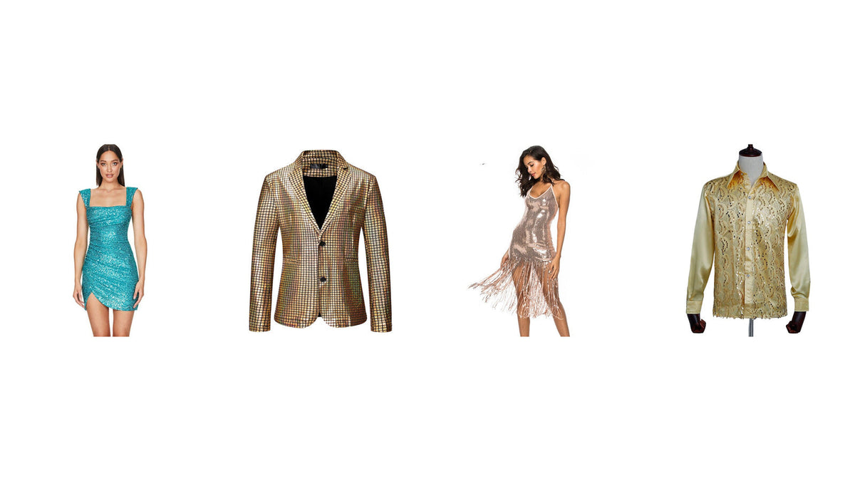 Tenues disco à paillettes pour femme et homme : robe turquoise, veste dorée, robe à franges et chemise brillante