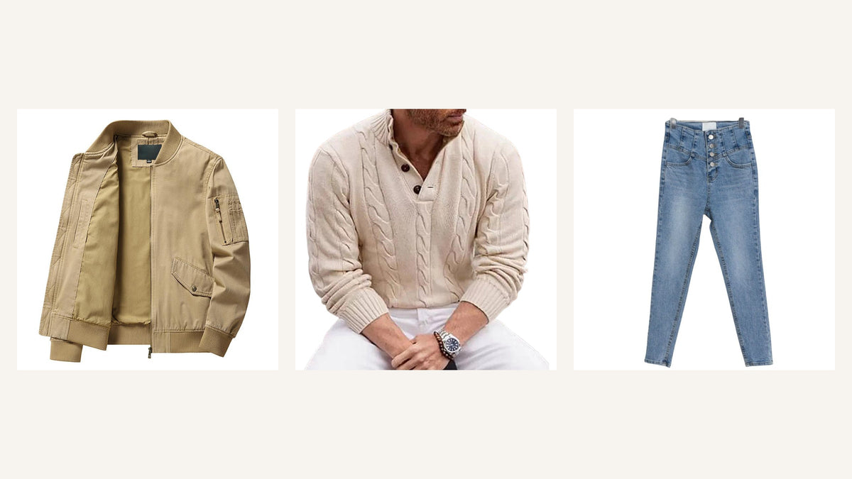 Tenue inspirée de Steve McQueen avec veste beige courte, pull écru et jean bleu à coupe nette Image
