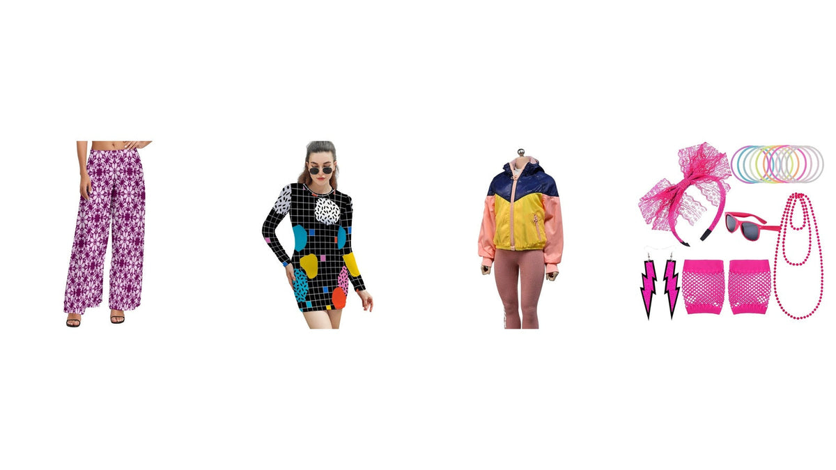 Style des années 80 : robe graphique, veste de sport colorée, pantalon à motif et accessoires pop Image
