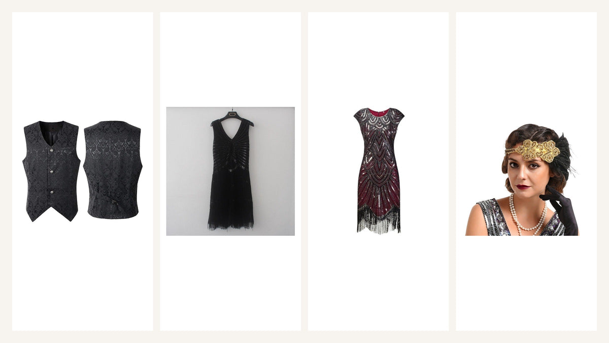 Tenues Gatsby avec gilet noir, robes à franges et bandeau doré Image