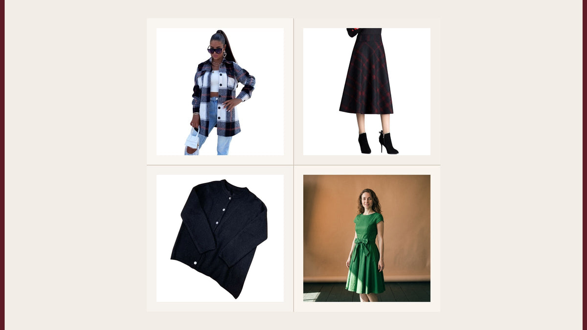 Quatre pièces du catalogue Mode Vintage : veste à carreaux, jupe écossaise, pull noir asymétrique et robe verte évasée