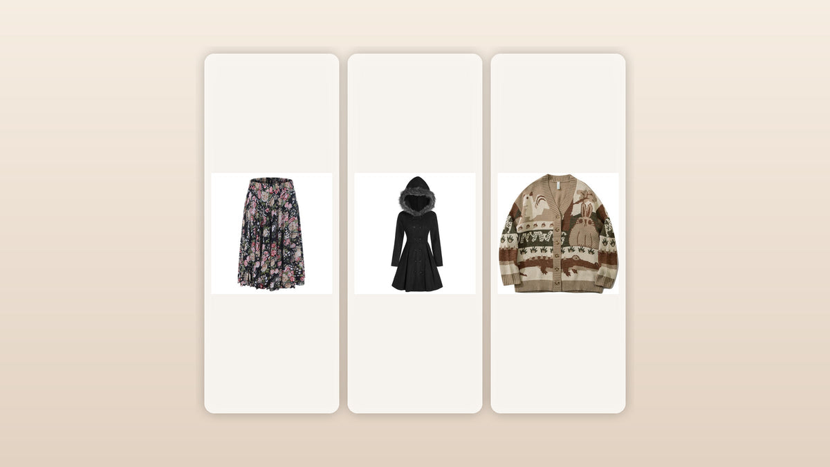 Jupe florale, manteau noir et cardigan beige présentés pour vendre des vêtements vintage Image