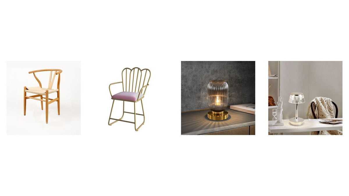 Changer la couleur d'un meuble sans le peindre : une chaise en bois clair, une chaise en velours rose et deux lampes à poser Image