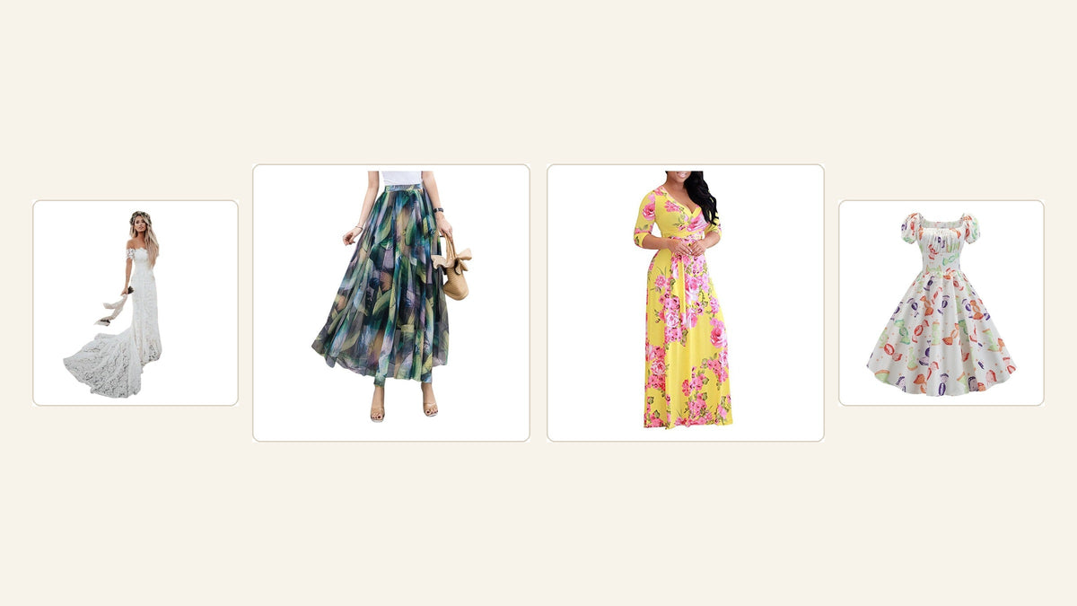 Quatre tenues contemporaines illustrent les styles bohème et champêtre