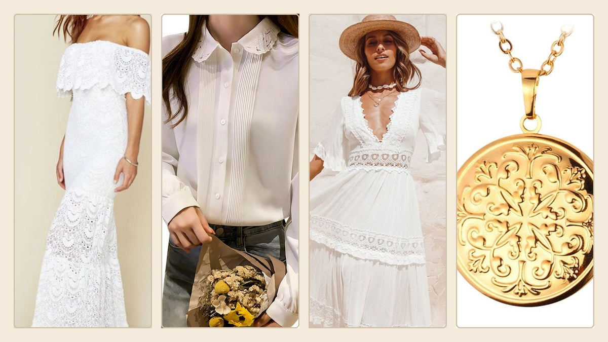 Deux robes blanches, une chemise à dentelle et un médaillon doré inspirés de la Belle Époque
