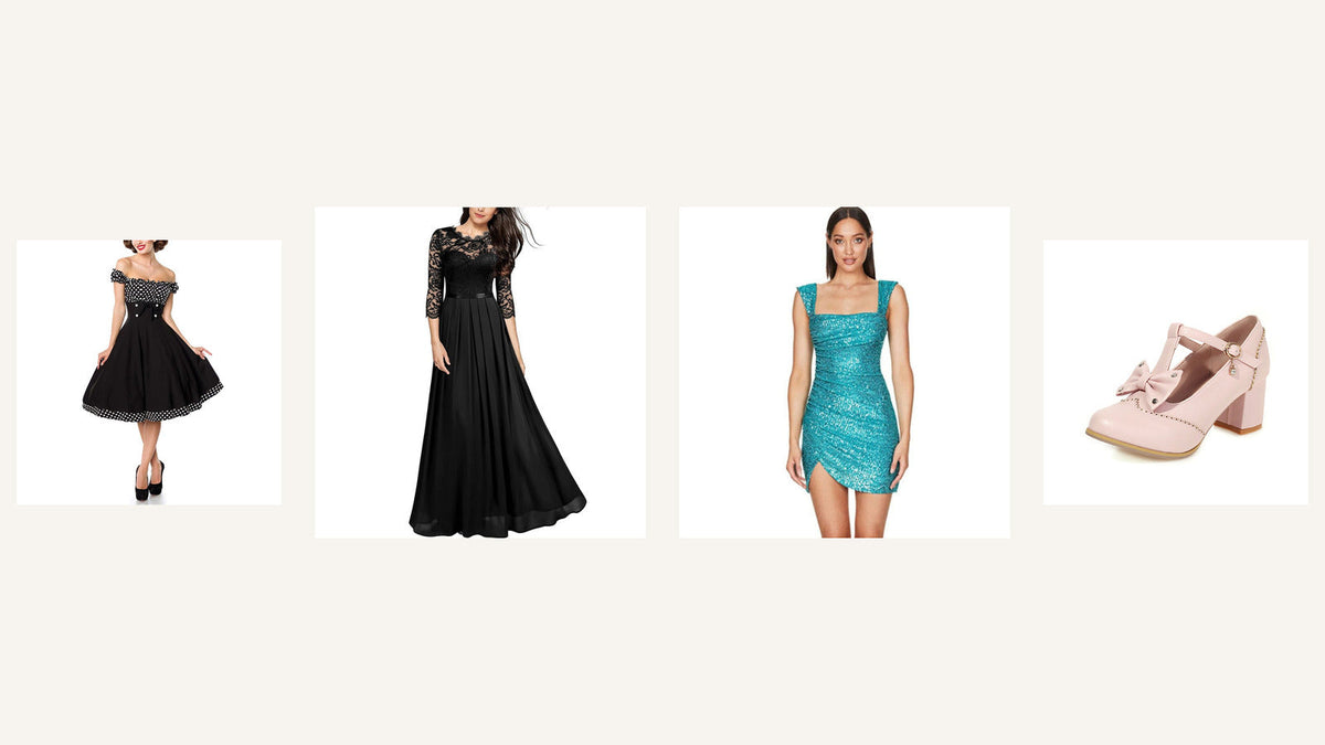 Quatre idées chic et choc : robe rétro à pois, robes de soirée noire et turquoise, escarpin rose à nœud