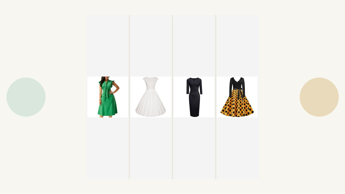 Quatre silhouettes féminines inspirées des années 60, avec robes verte, blanche, noire et robe au corsage noir avec jupe jaune à pois noirs Image