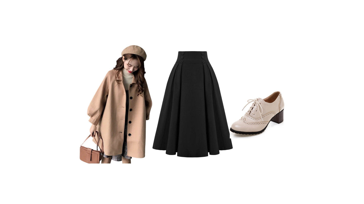Mode femme années 40 : manteau boutonné avec béret, jupe noire taille haute et chaussure lacée claire