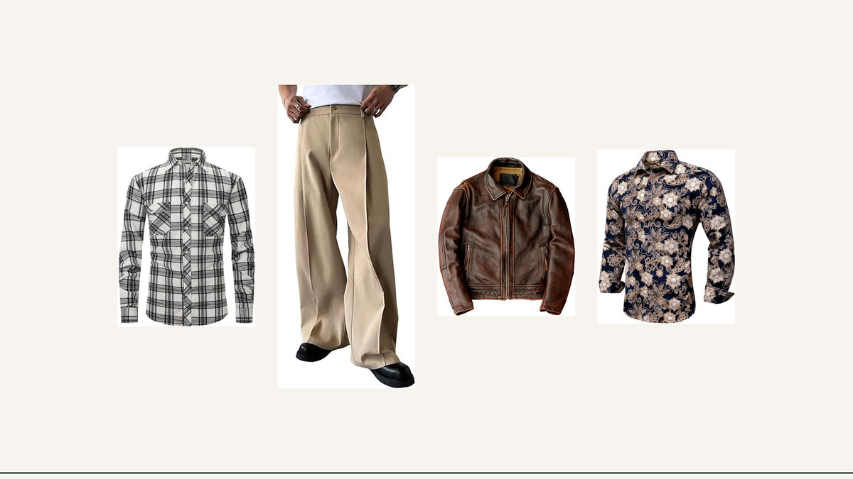 Codes du style Elvis : chemise à carreaux, pantalon ample, veste sombre et chemise à motifs