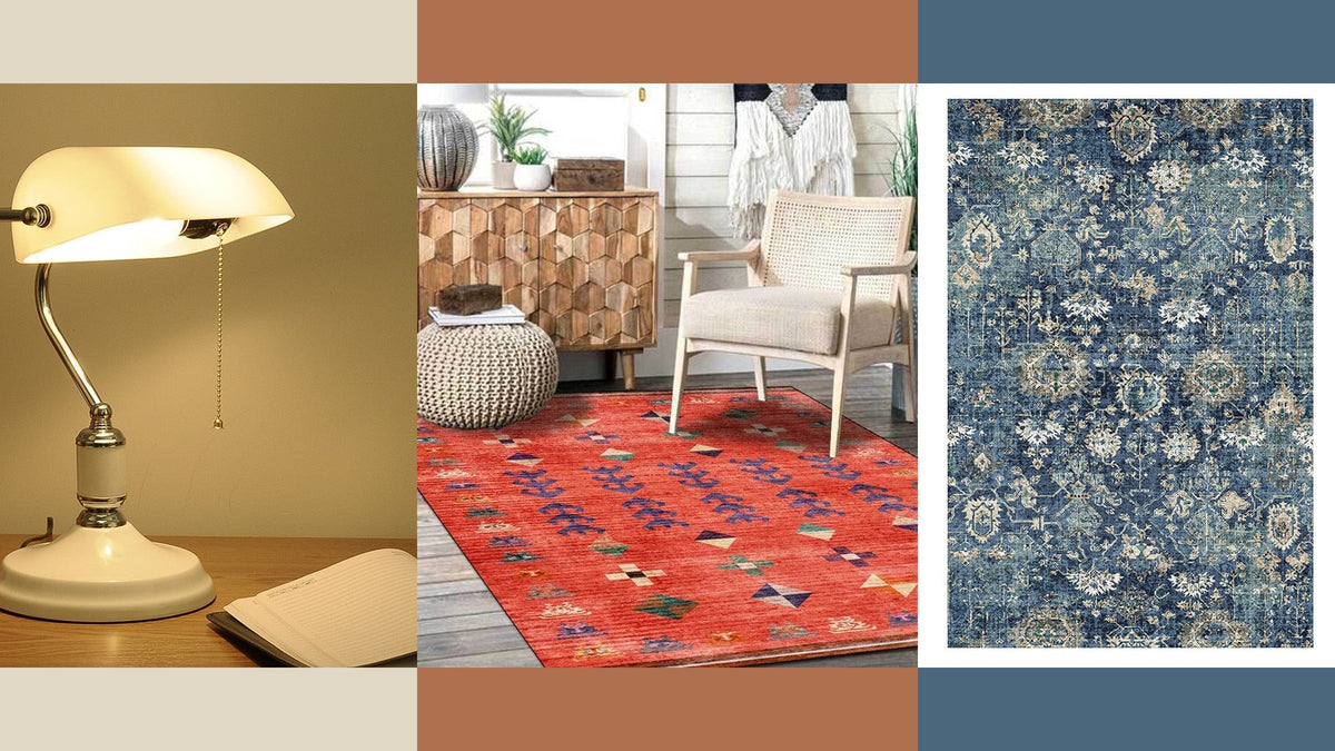 Meuble en bois et chaise sur tapis orange, entre une lampe crème et un tapis bleu pour comparer les palettes