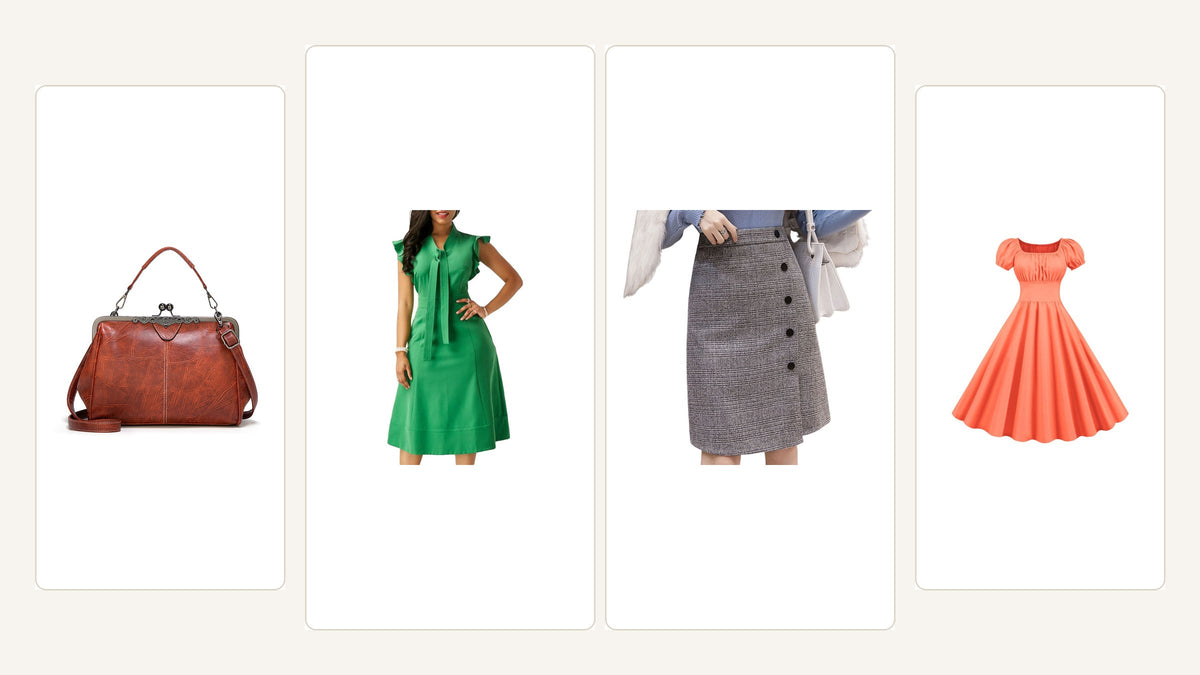 Tenue années 60 chic composée autour d’une robe verte, d’une jupe graphique, d’une robe orange et d’un sac rétro Image