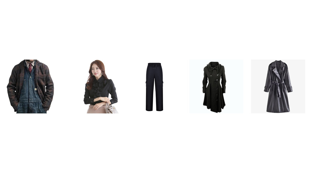Silhouette féminine en manteau sombre et pantalon ample dans une composition éditoriale rétro Image