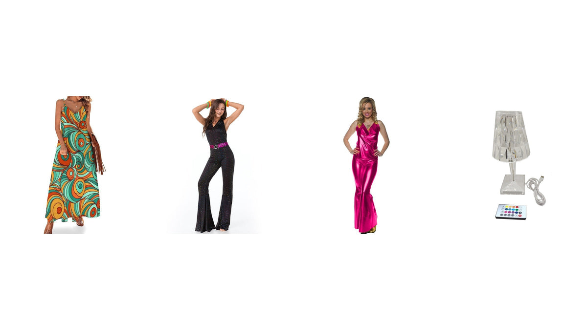 Quatre repères visuels du disco : robe longue colorée, combinaison noire évasée, ensemble rose brillant et lampe à facettes Image